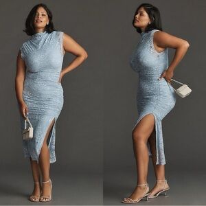 NWT ANTHROPOLOGIE The Maya Ruched Cowl-Neck Lace Dress in Light Blue Sz M